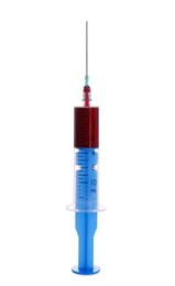 Plastic syringe with blood isolated on white