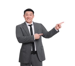 Photo of Businessman in suit pointing at something on white background