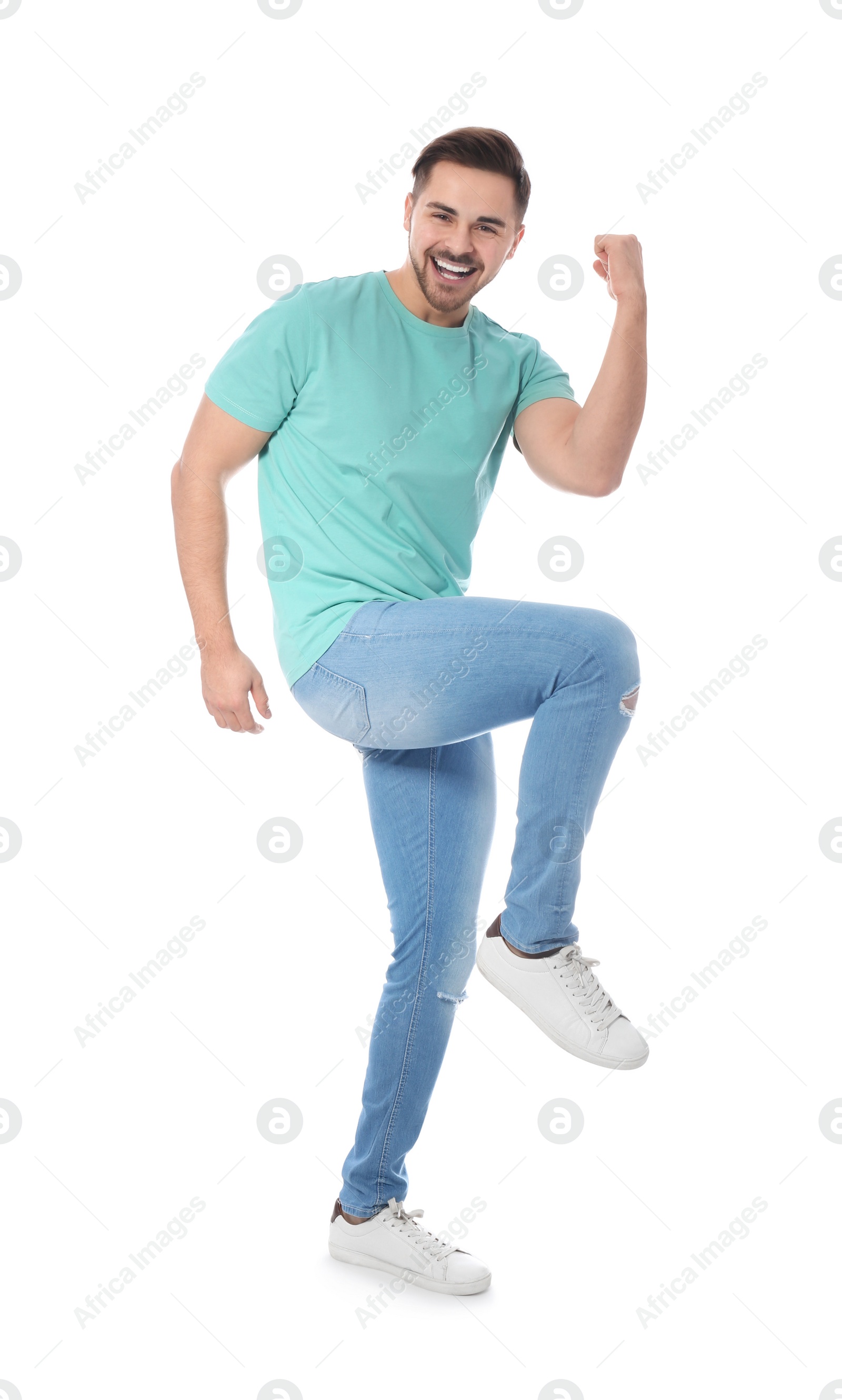 Photo of Full length portrait of emotional handsome man on white background