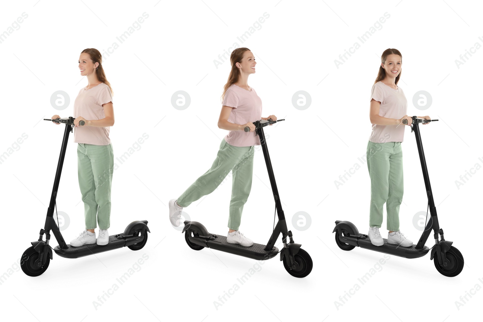 Image of Woman with electric kick scooter isolated on white. Set of photos