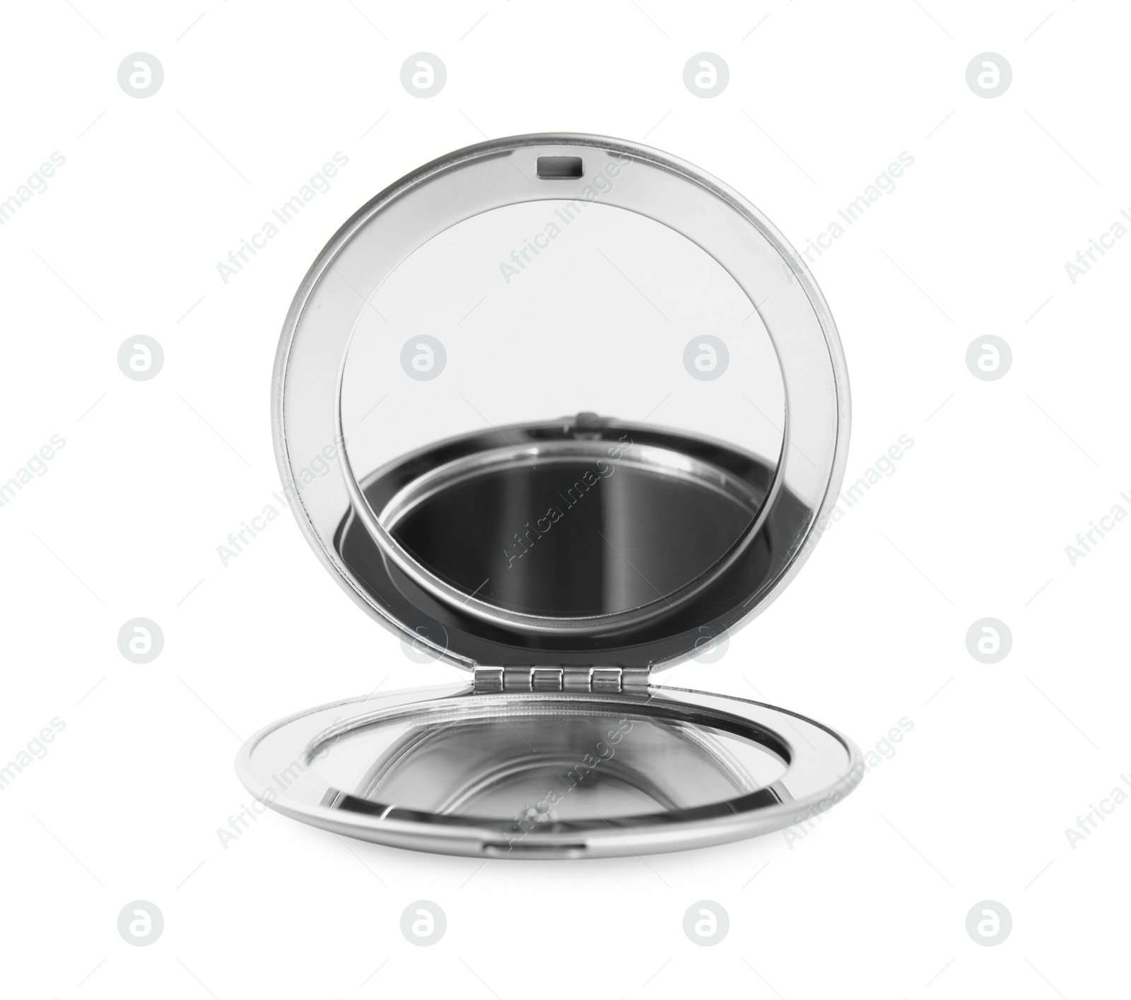 Photo of Silver cosmetic pocket mirror isolated on white