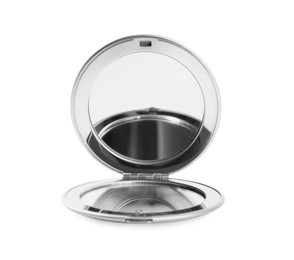 Photo of Silver cosmetic pocket mirror isolated on white