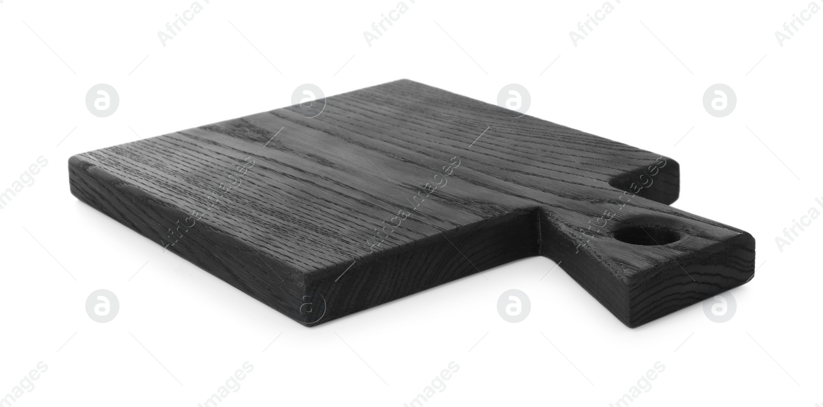 Photo of Black wooden cutting board isolated on white