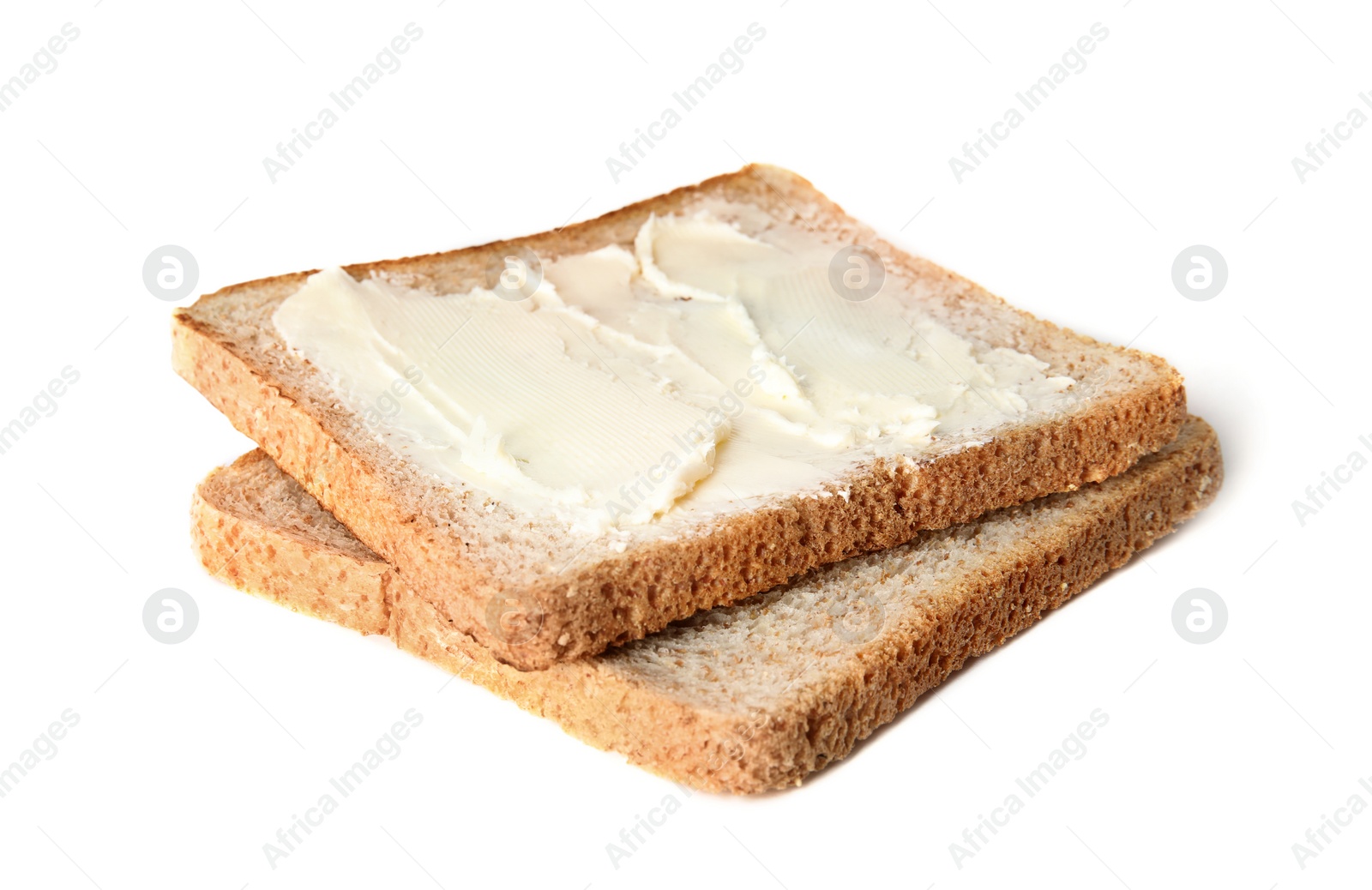 Photo of Slices of bread with butter isolated on white