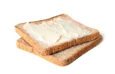 Slices of bread with butter isolated on white