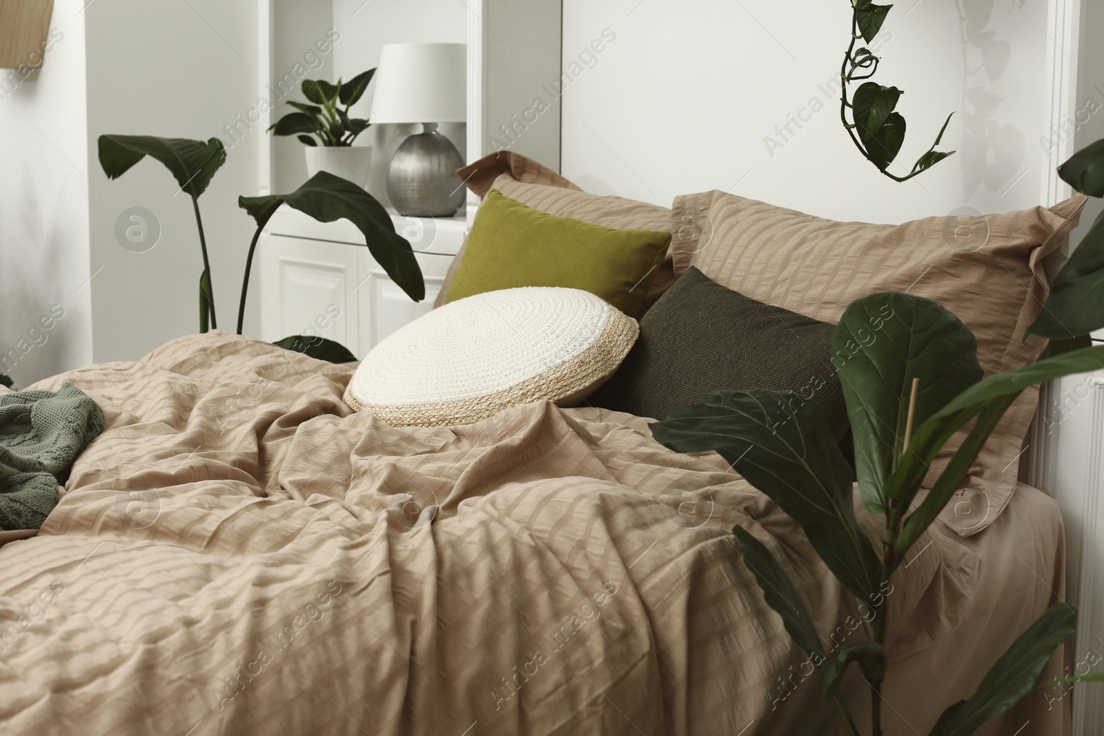 Photo of Comfortable bed and different houseplants in bedroom. Interior design