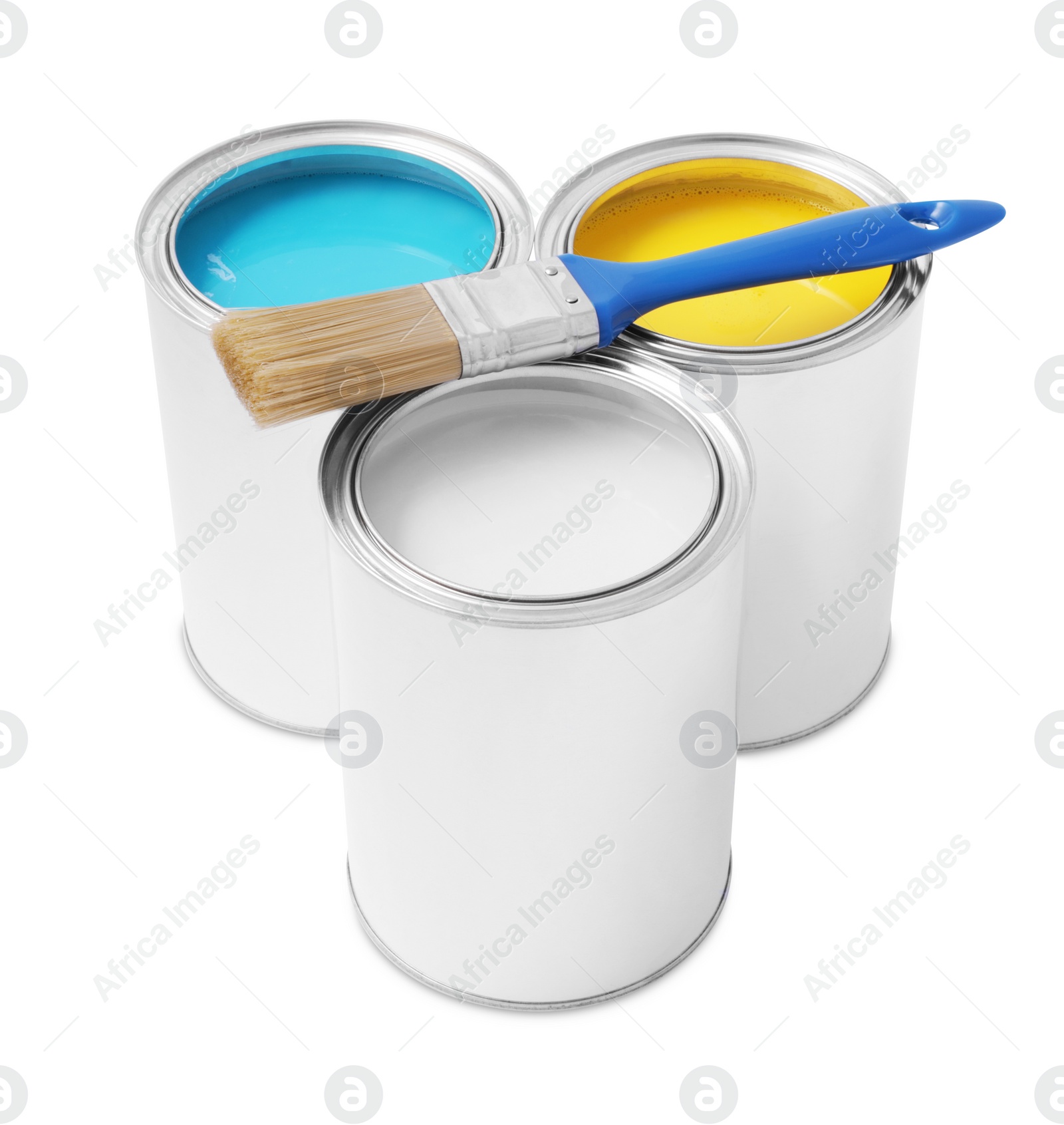 Photo of Cans with different paints and brush on white background