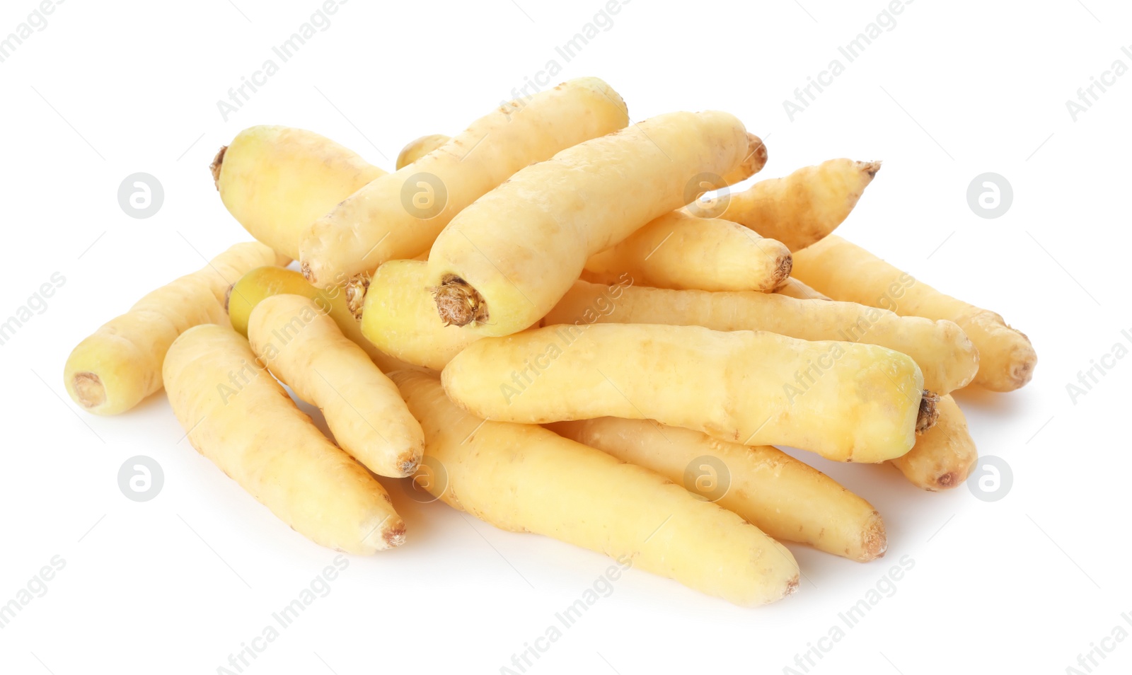 Photo of Whole fresh raw carrots isolated on white