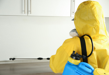 Pest control worker spraying pesticide in kitchen