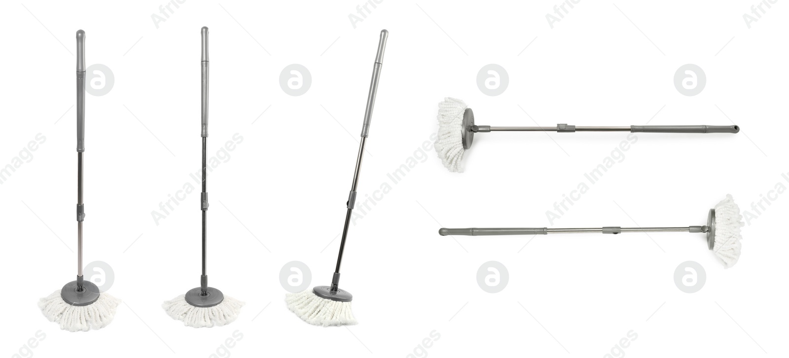 Image of Collage with gray string mop on white background, top and side views