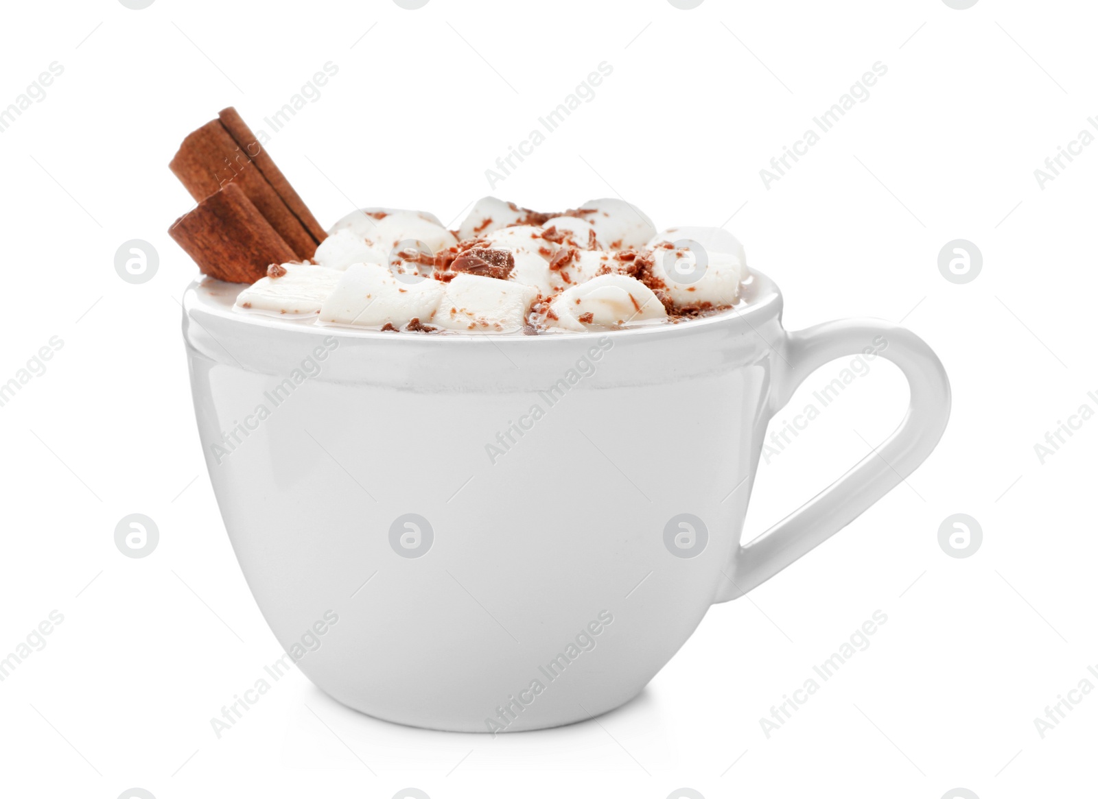 Photo of Tasty hot chocolate with milk and marshmallows in cup on white background