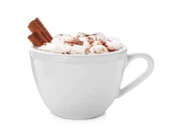 Photo of Tasty hot chocolate with milk and marshmallows in cup on white background