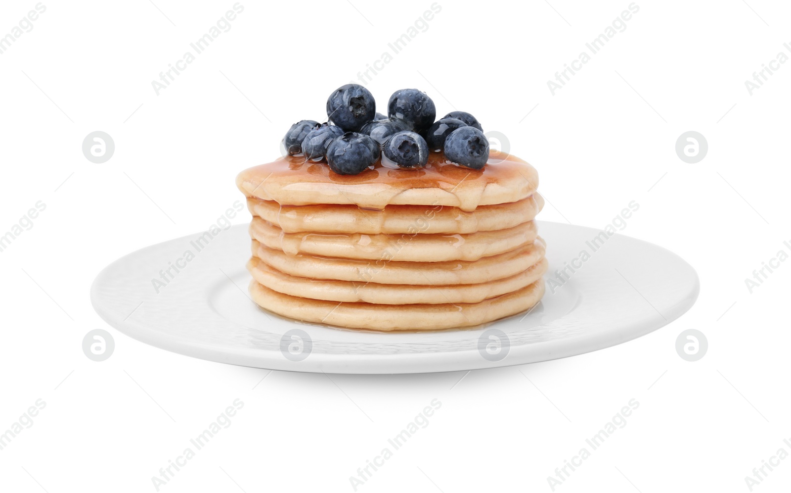 Photo of Delicious pancakes with blueberries and honey isolated on white