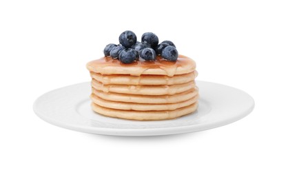 Photo of Delicious pancakes with blueberries and honey isolated on white