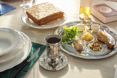 Photo of Table served for Passover (Pesach) Seder indoors