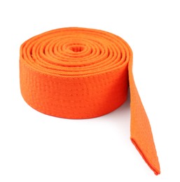 Orange karate belt isolated on white. Martial arts uniform