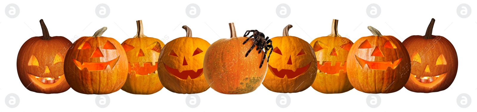 Image of Set of halloween pumpkin head jack lanterns on white background. Banner design 