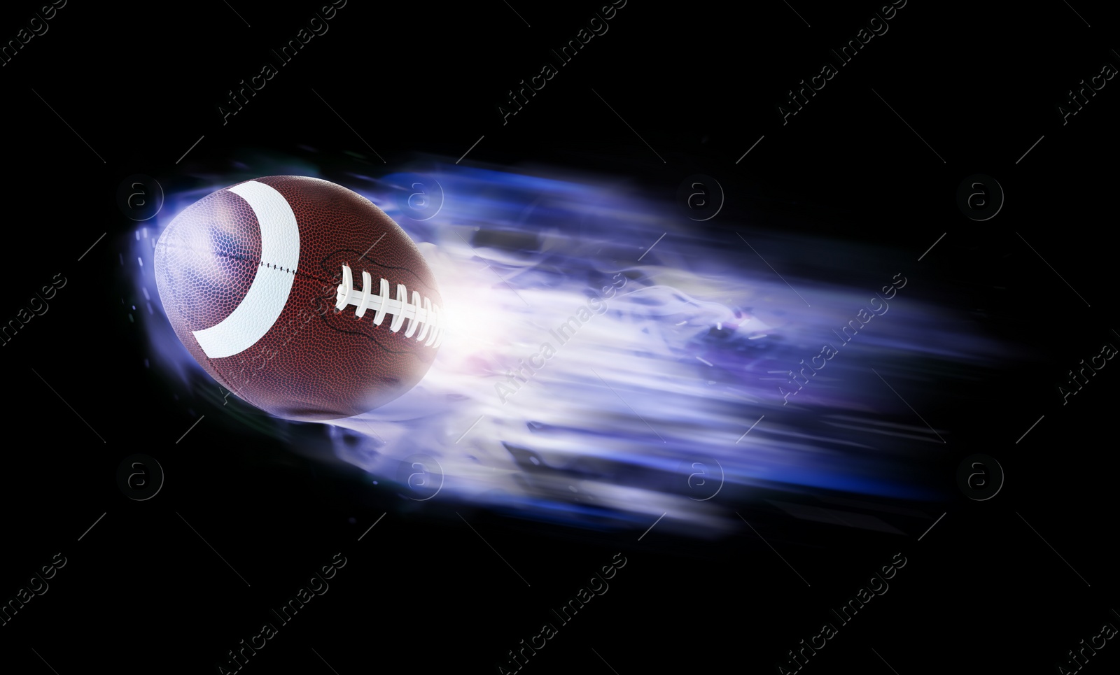 Image of Rugby ball with bright flame flying on black background