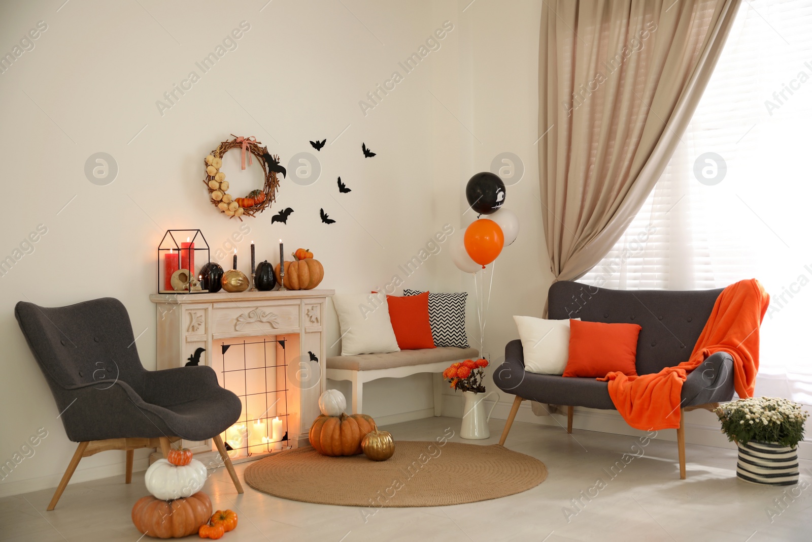 Photo of Modern room decorated for Halloween. Idea for festive interior