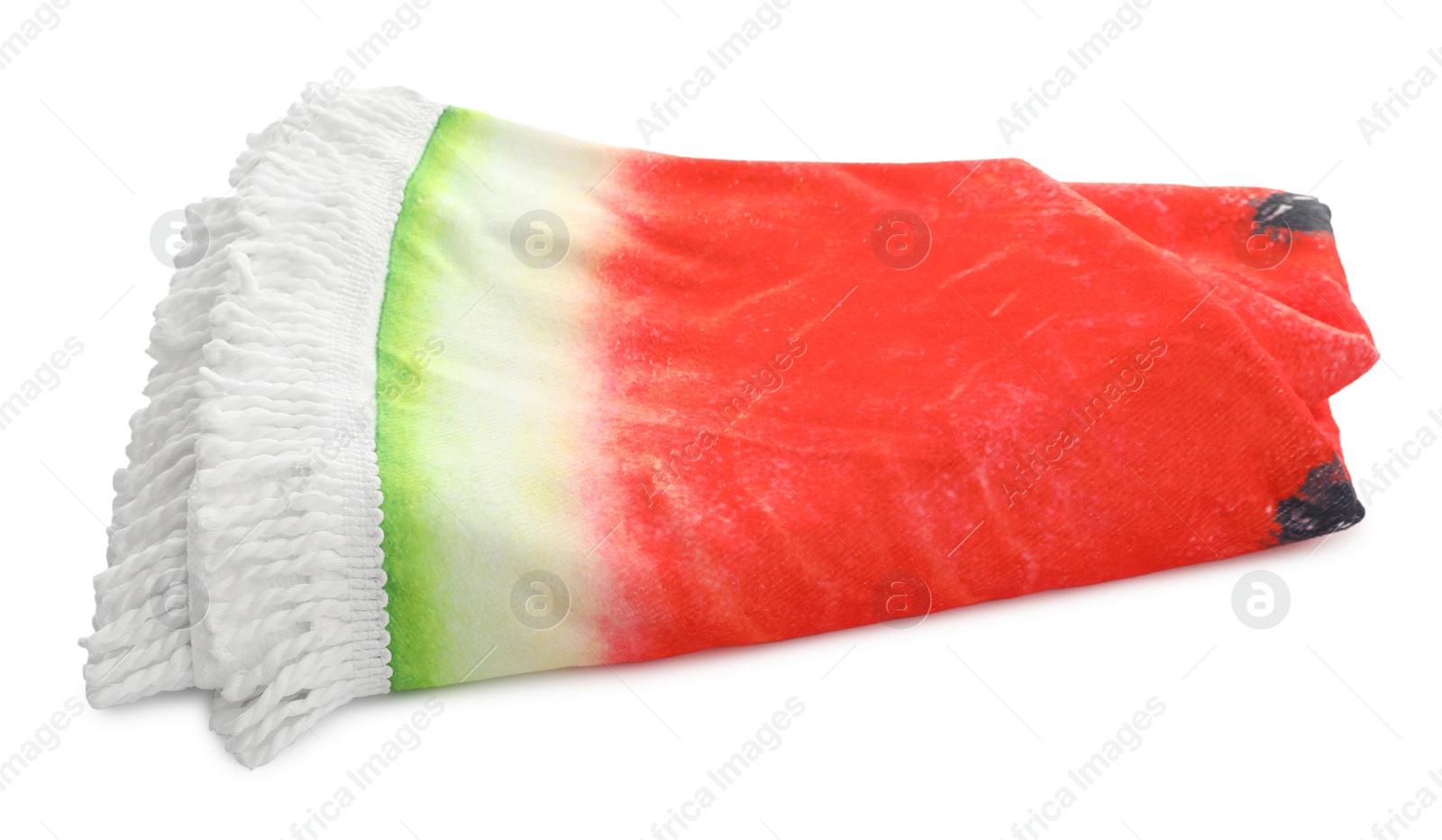 Photo of Folded beach towel with watermelon print isolated on white