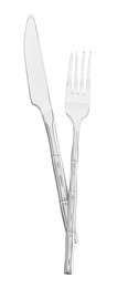 Photo of Fork and knife isolated on white, top view. Stylish shiny cutlery set