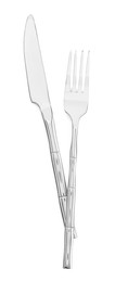 Fork and knife isolated on white, top view. Stylish shiny cutlery set