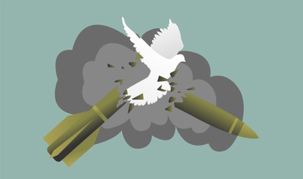 Prevent nuclear war. White dove, symbol of peace breaking atomic weapon on turquoise background, illustration