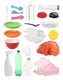 Image of Set with different plastic items on white background