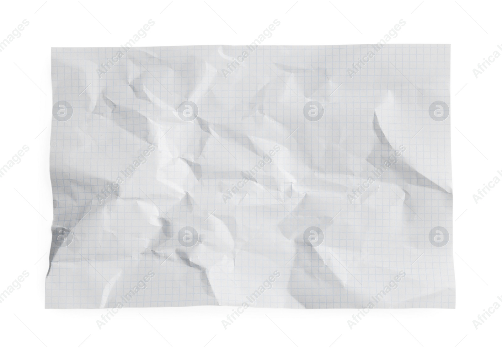 Photo of Crumpled sheet of paper on white background, top view