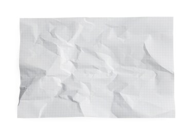 Photo of Crumpled sheet of paper on white background, top view