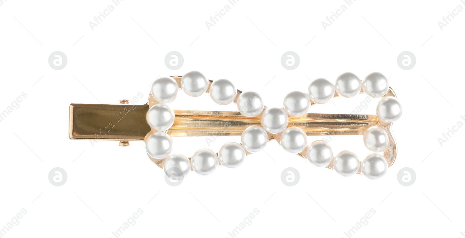 Photo of Stylish gold hair clip with pearls isolated on white, top view
