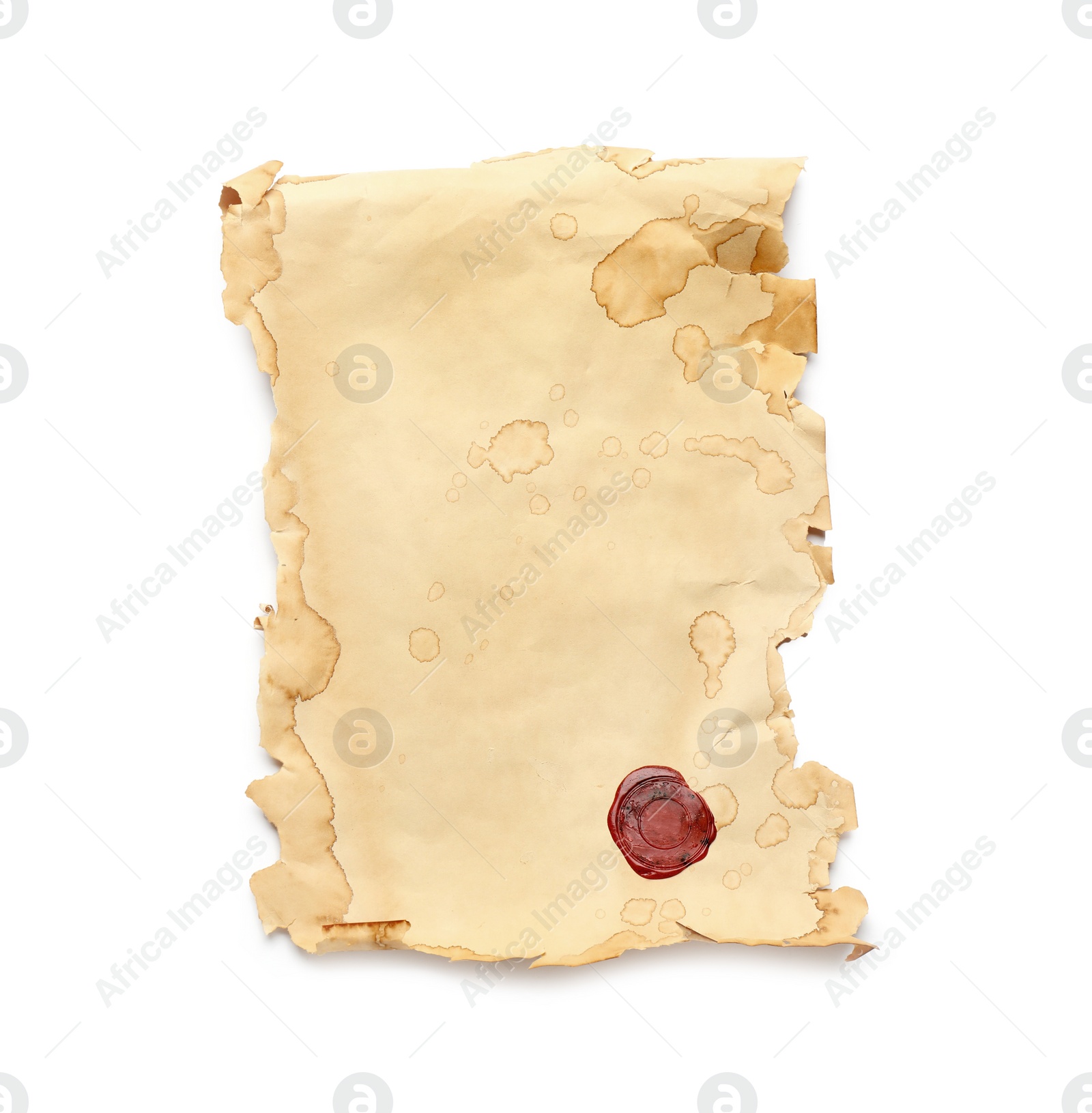 Photo of Sheet of old parchment paper with wax stamp isolated on white, top view. Space for design