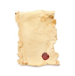 Photo of Sheet of old parchment paper with wax stamp isolated on white, top view. Space for design