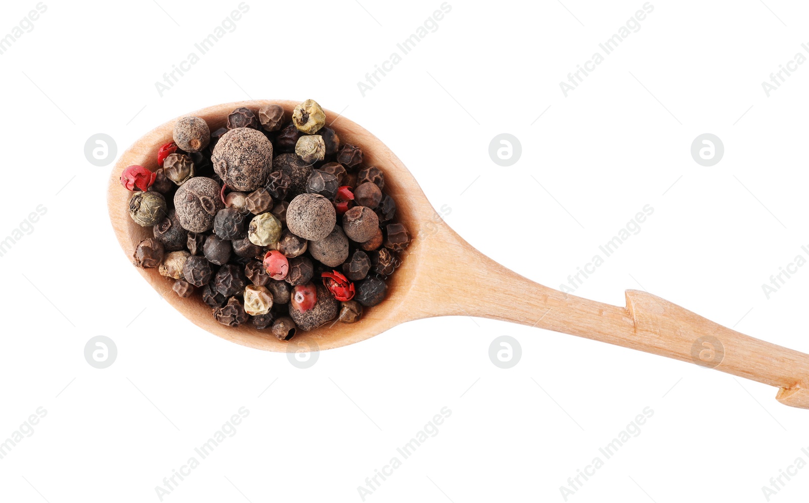 Photo of Pepper grains mix in wooden spoon isolated on white, top view