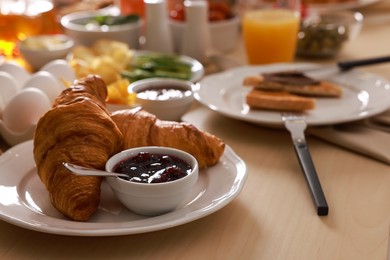 Photo of Dishes with different food on table. Luxury brunch