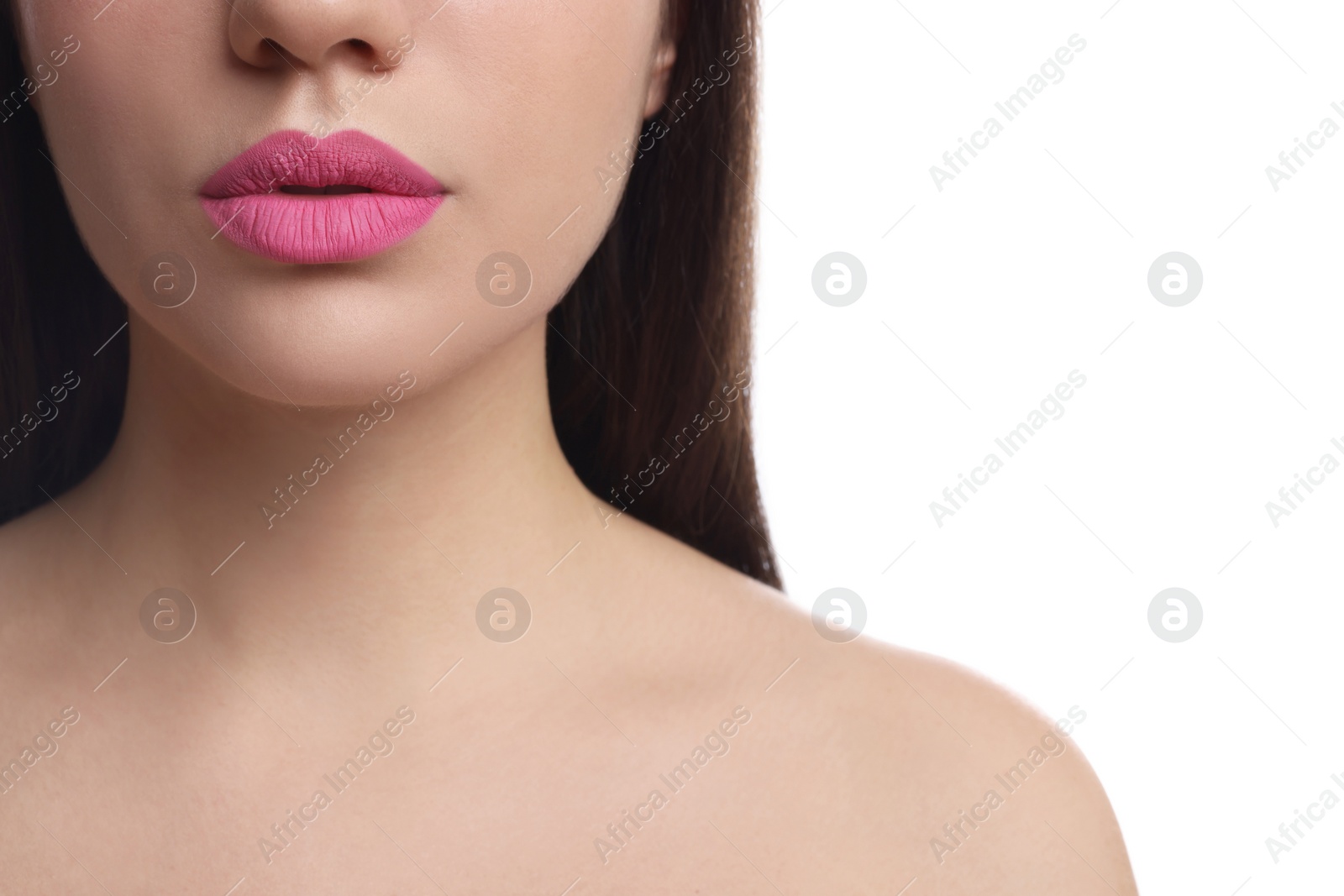 Photo of Closeup view of woman with beautiful full lips on white background