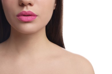 Photo of Closeup view of woman with beautiful full lips on white background