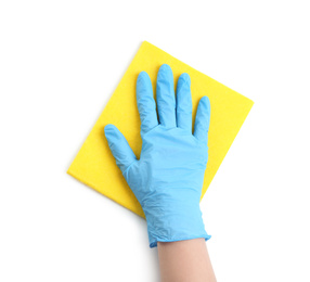 Photo of Woman in blue rubber gloves with rag on white background, top view