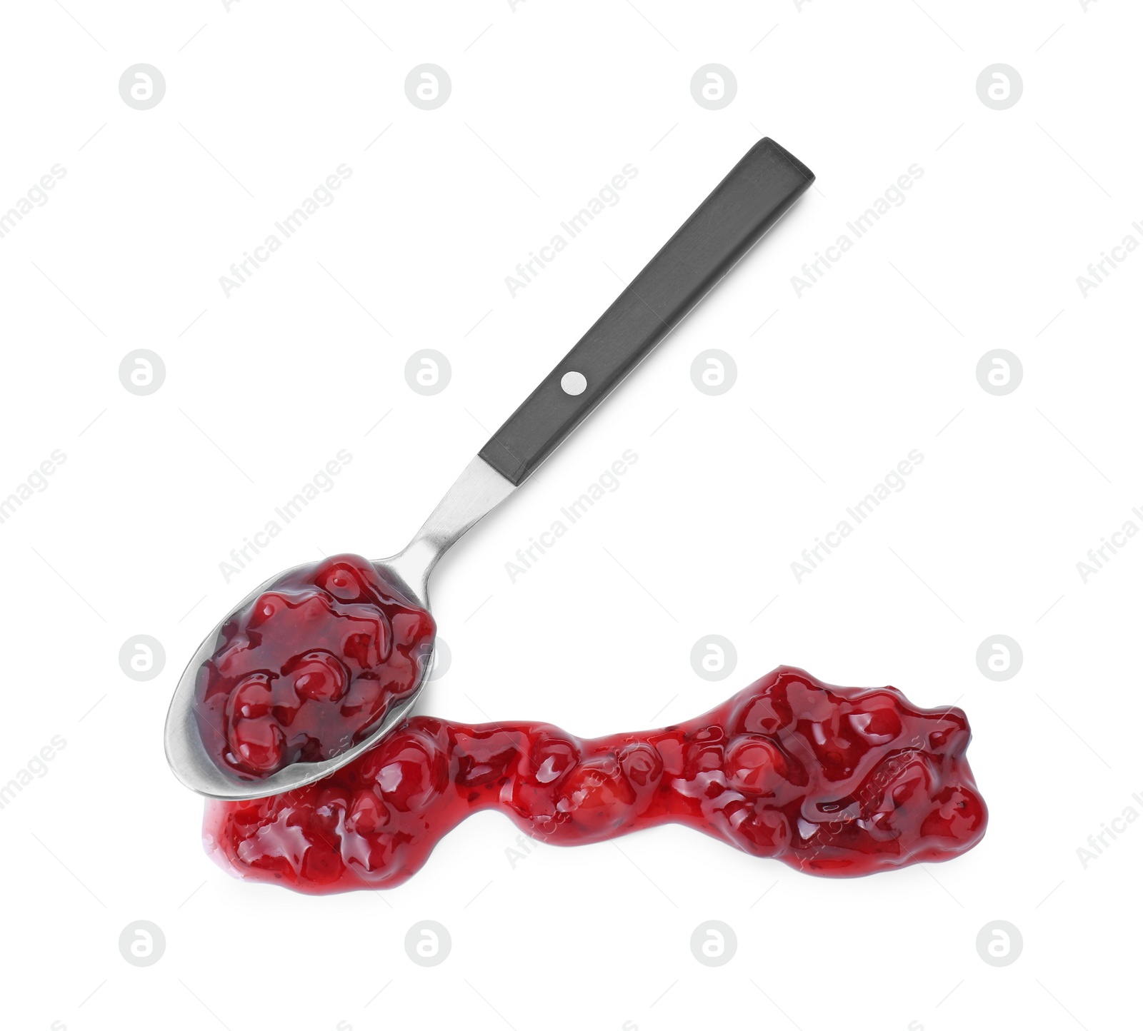Photo of Spoon with fresh cranberry sauce isolated on white, top view