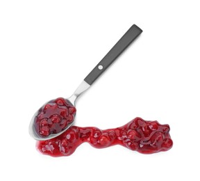 Spoon with fresh cranberry sauce isolated on white, top view