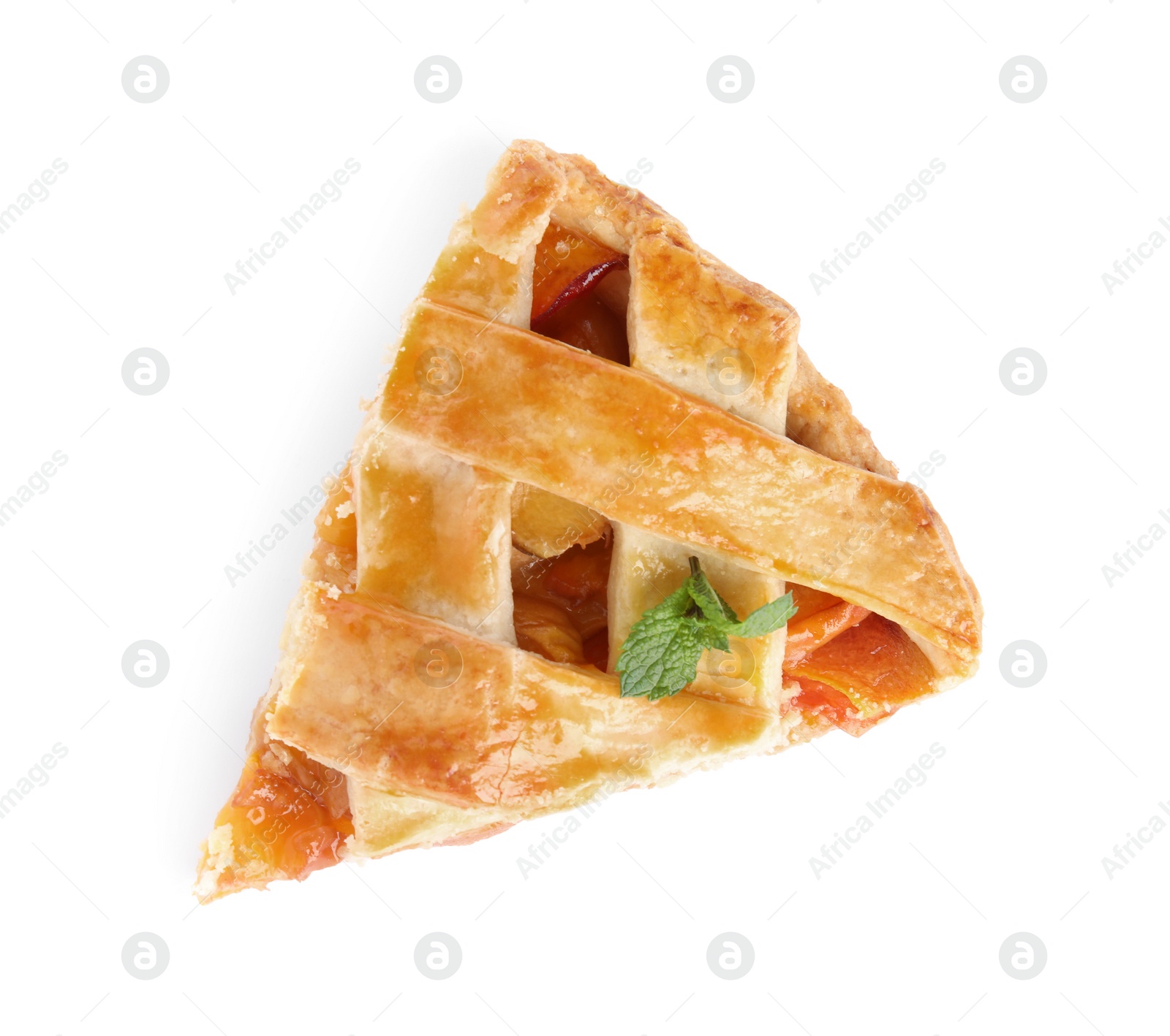 Photo of Slice of delicious fresh peach pie isolated on white, top view