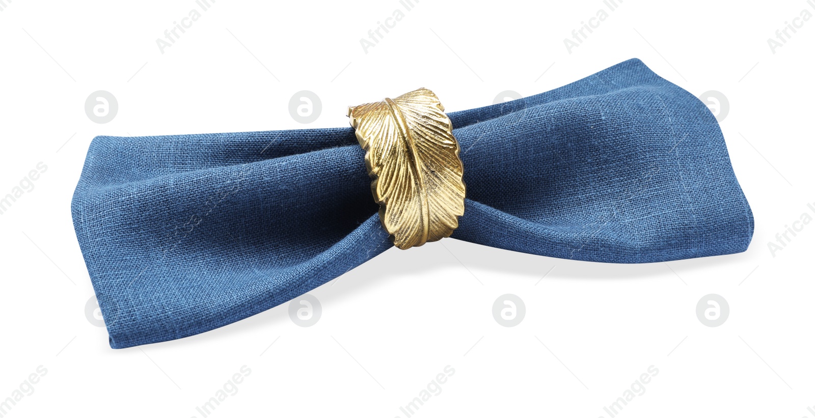 Photo of Blue fabric napkin with decorative ring for table setting on white background