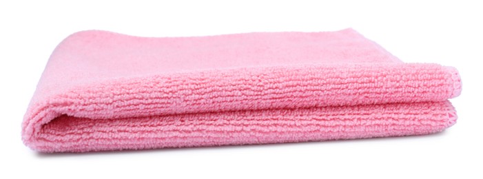 Photo of Clean pink microfiber cloth isolated on white