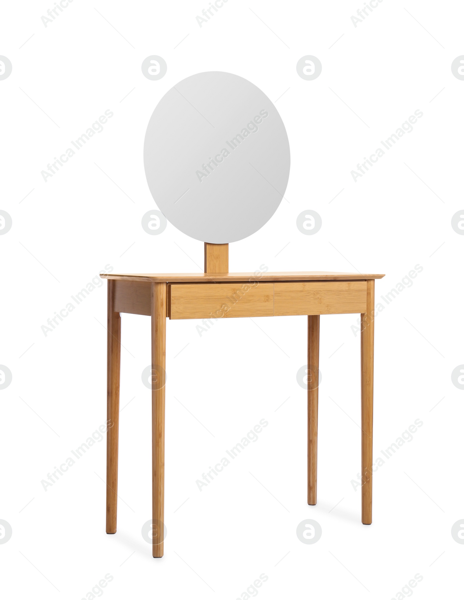 Photo of Modern wooden dressing table with mirror isolated on white