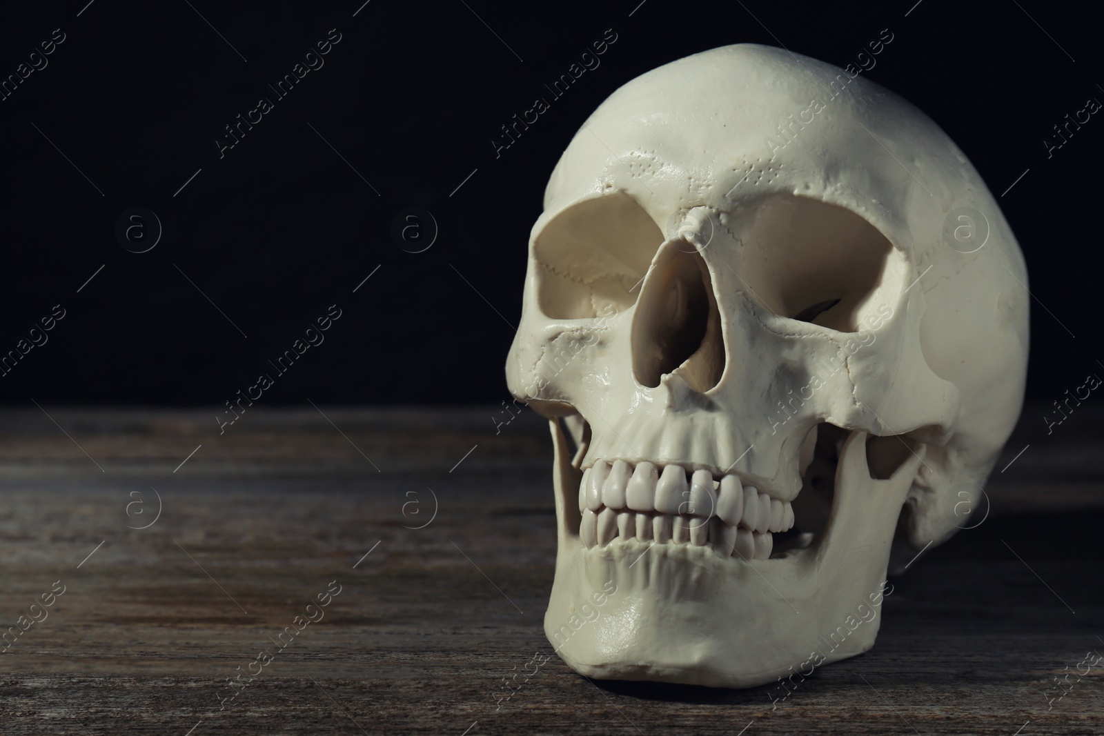 Photo of Human skull on wooden table against black background, space for text