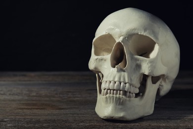 Photo of Human skull on wooden table against black background, space for text