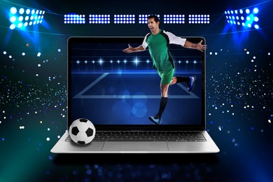 Image of Sports betting. Football player running on laptop to score goal under stadium lights