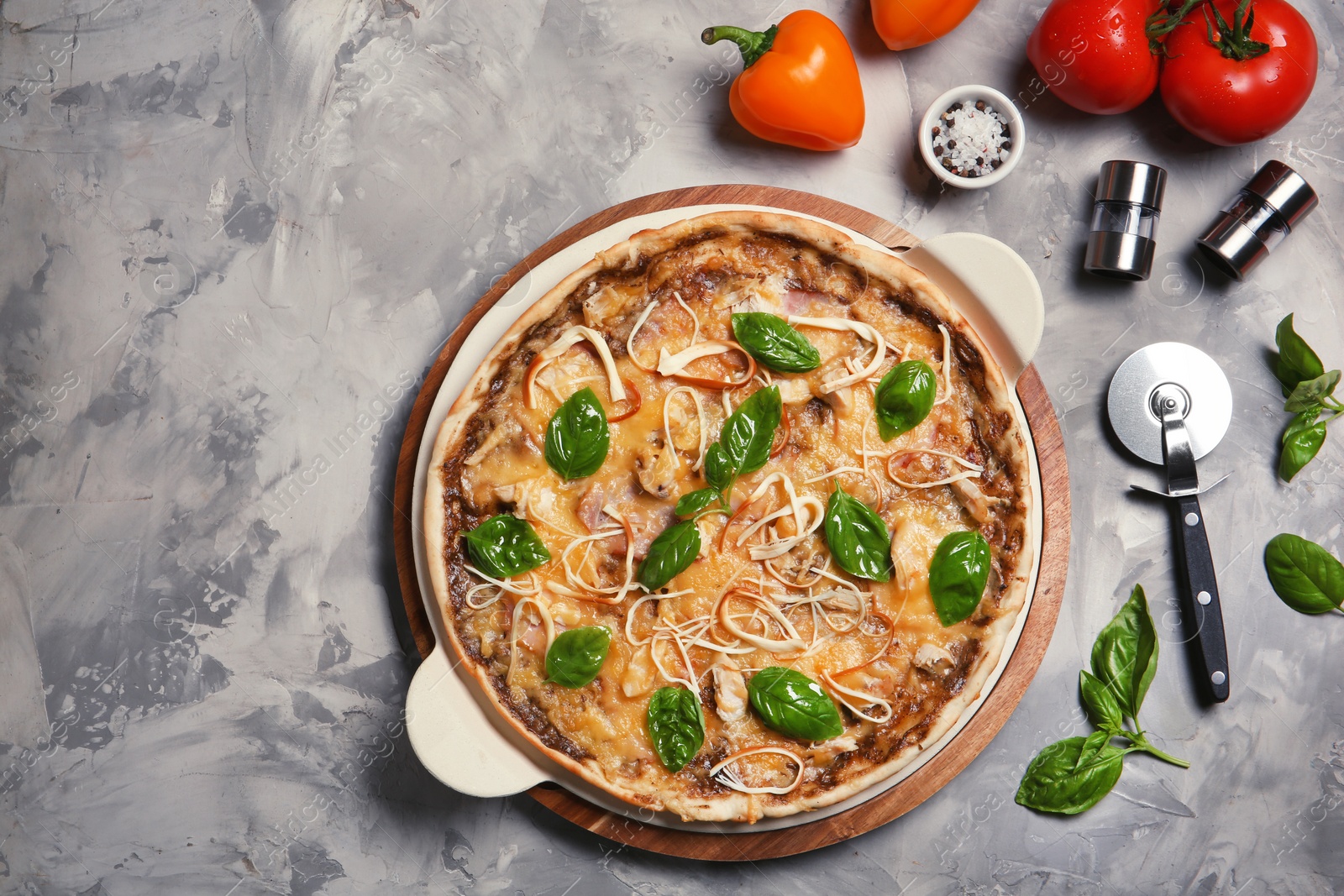 Photo of Flat lay composition with delicious homemade pizza on table