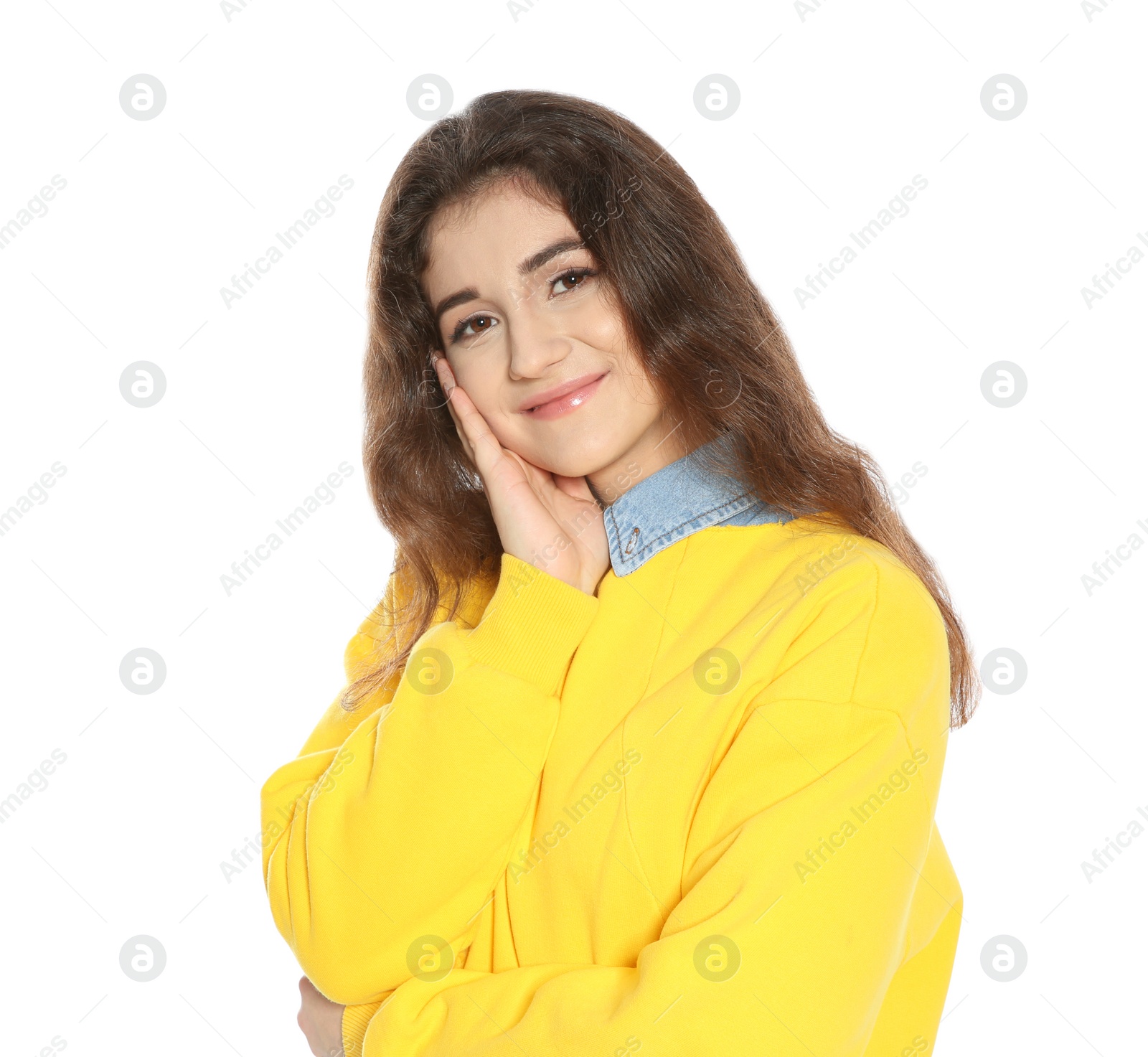 Photo of Beautiful young woman in stylish clothes on white background