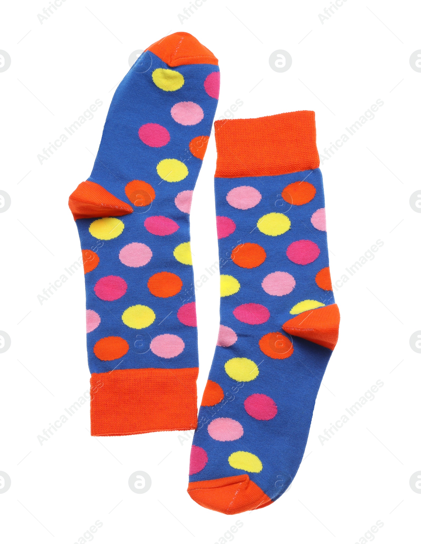 Photo of Colorful socks on white background, top view